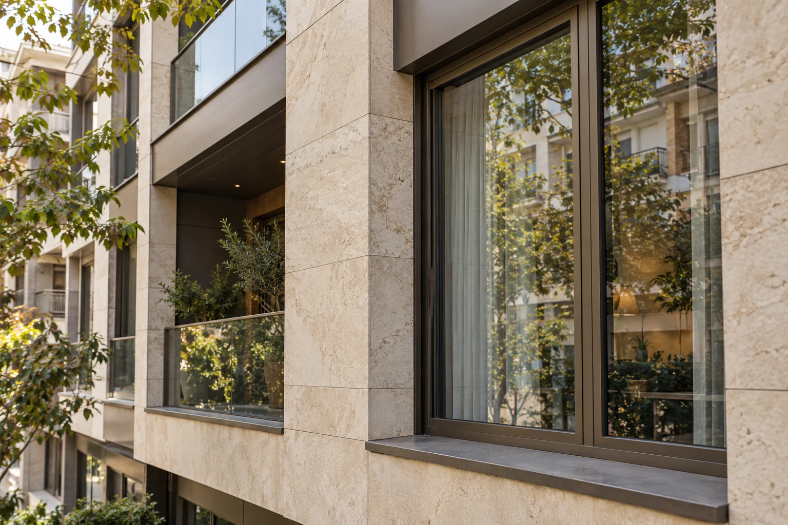 Taş cephe, pencere çerçevesi ve balkon birleşim detayı.