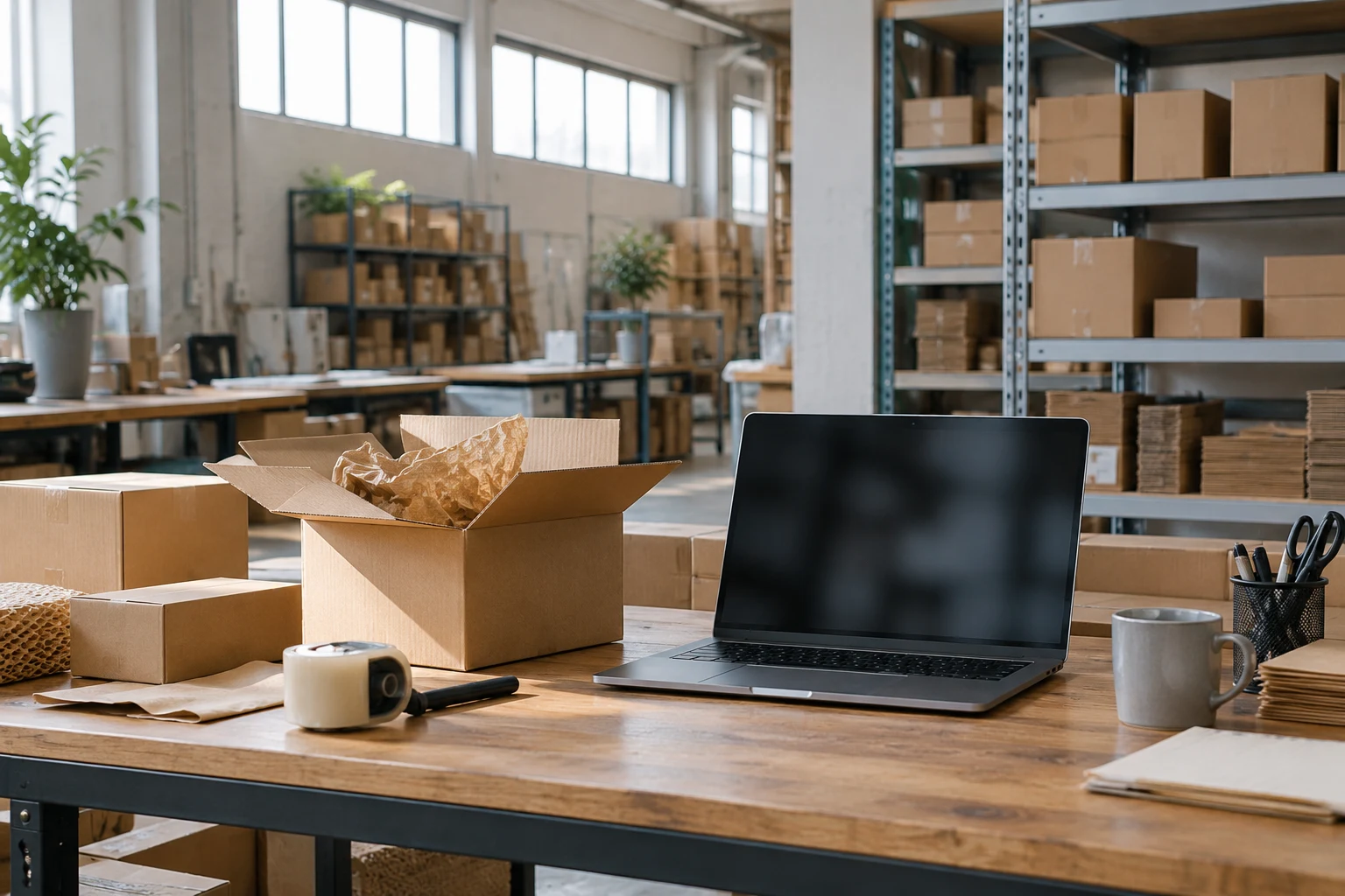 E-ticaret sipariş hazırlığı için düzenlenmiş paketleme çalışma alanı.