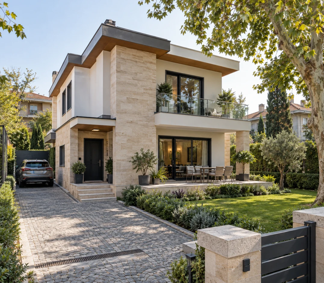 Bahçeli, iki katlı modern müstakil villa ve taş kaplı giriş cephesi.